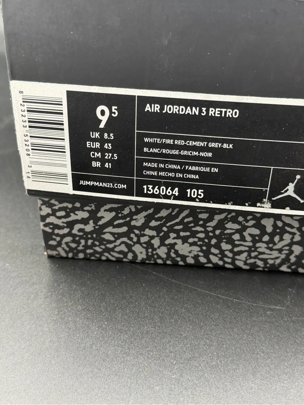Jordan Air Jordan 3 Retro White/Fire Red/Cement Grey Box Label